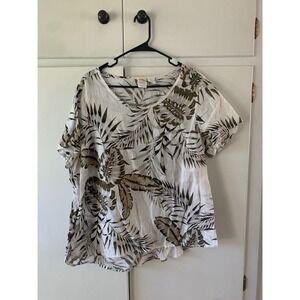 C&C California 1X‎ Linen Top Palm Leaf Print V Neck White Green Casual